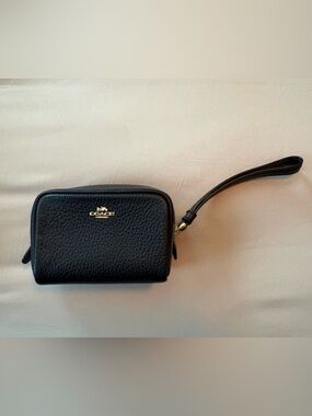 Coach Black Pebbled Leather Zip Wristlet with Gold Accent